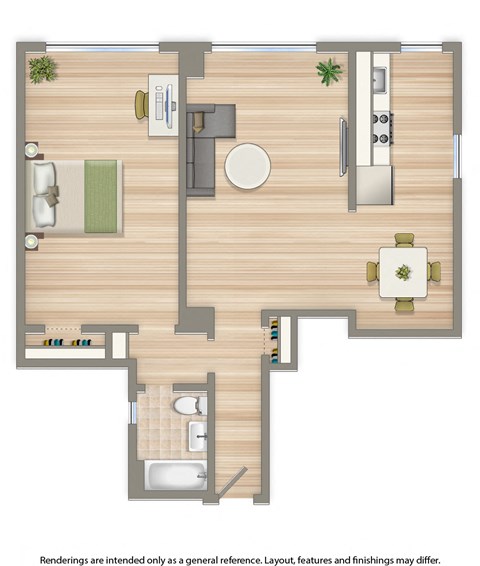 Floor plan for 1 bed, 1 bath, 679 sqft